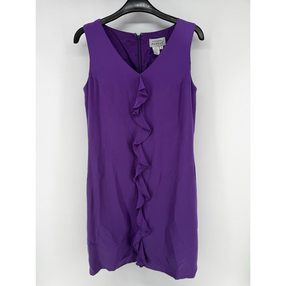 Adrianna Papel Silk Dress Purple Ruffle Front Sleeveless Shoulder Buttons Size 8